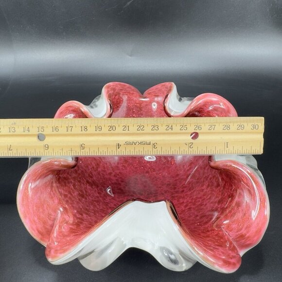 Venetian Murano Glass Folded Edges Ashtray Dish Bowl White Magenta Center Italy - Picture 6 of 16